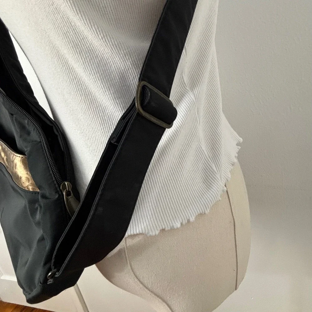 Vtg AmeriBag Healthy Back Bag Black Nylon Sling Backpack Metallic Gold Trim